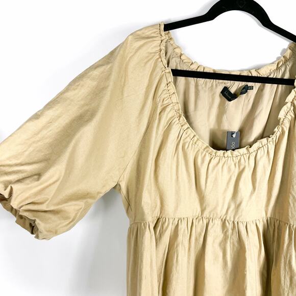 House of Harlow Ajay Mini Dress Linen Cotton Tan Puff Sleeves Babydoll Sz M - Picture 5 of 11